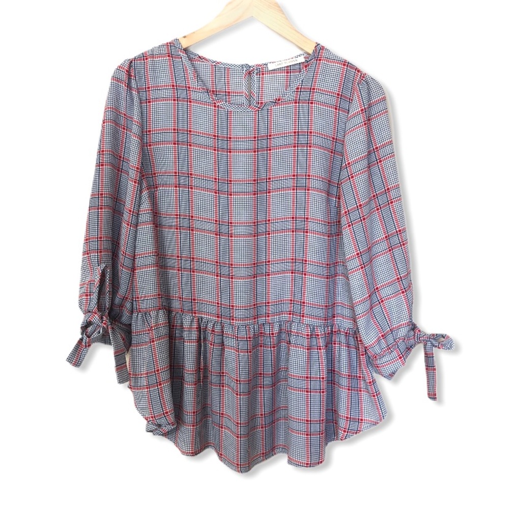 Lake Flower Red/Blue Plaid Peplum Blouse—S